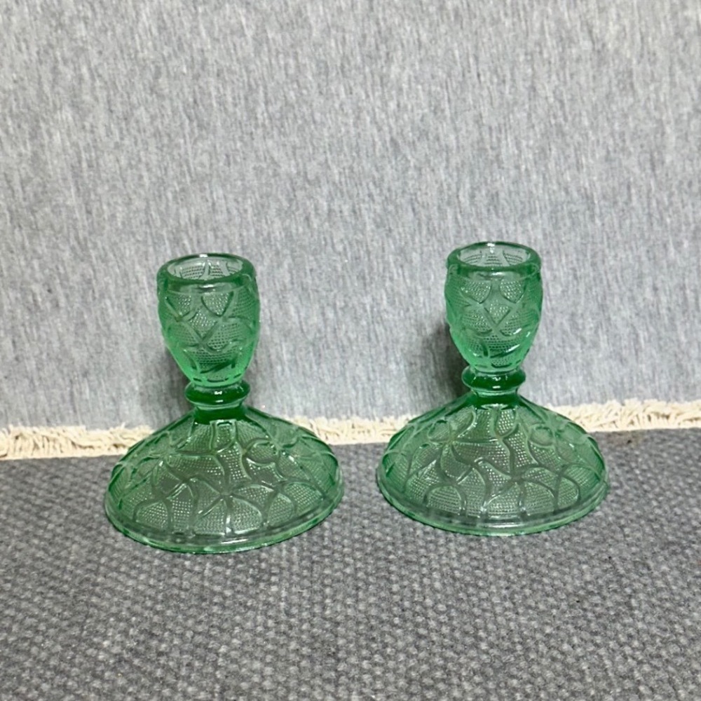 VTG Green Uranium Glass Tree of Life 2 Candlestick Holders Glows in Black  Light